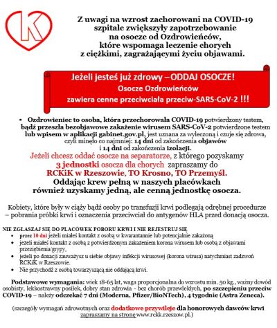 Potrzebne osocze Ozdrowieńców -jpeg